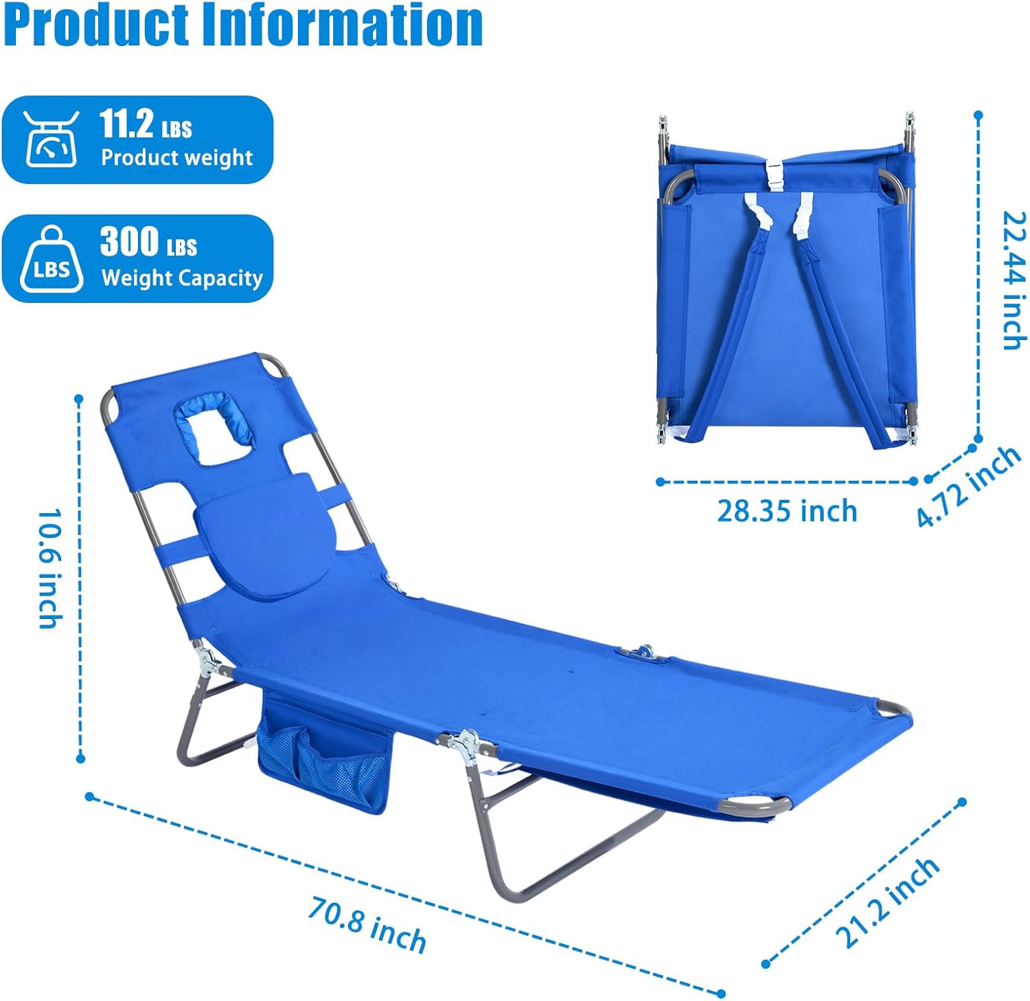 SUNNYFEEL Lay Flat Tanning Chair with Face Down Hole & Arm Slots, Backpack Beach Lounge Chair, 5-Position Folding Sunbathing Chair, 300 LBS Heavy Duty, 72 L x 22 W for Beach, Pool, Camping